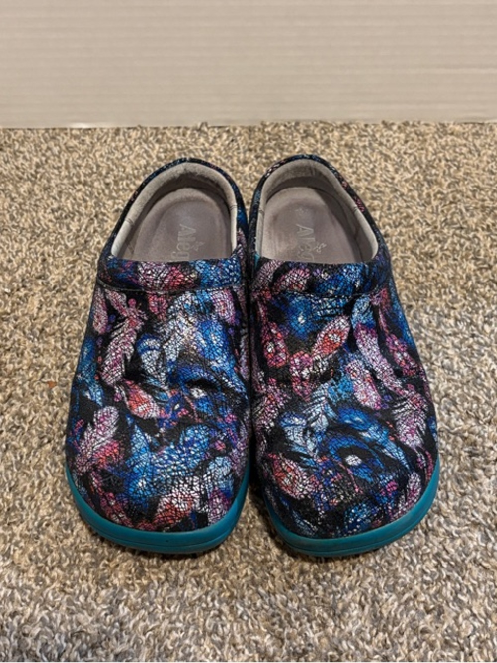 Alegria Teal Multi-Color Feather Patterned Slip-On Clogs